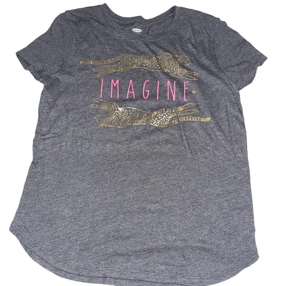 4/$25 - Old Navy Grey “Imagine” T-shirt w/ Gold Cheetah graphic - Size L (10-12)